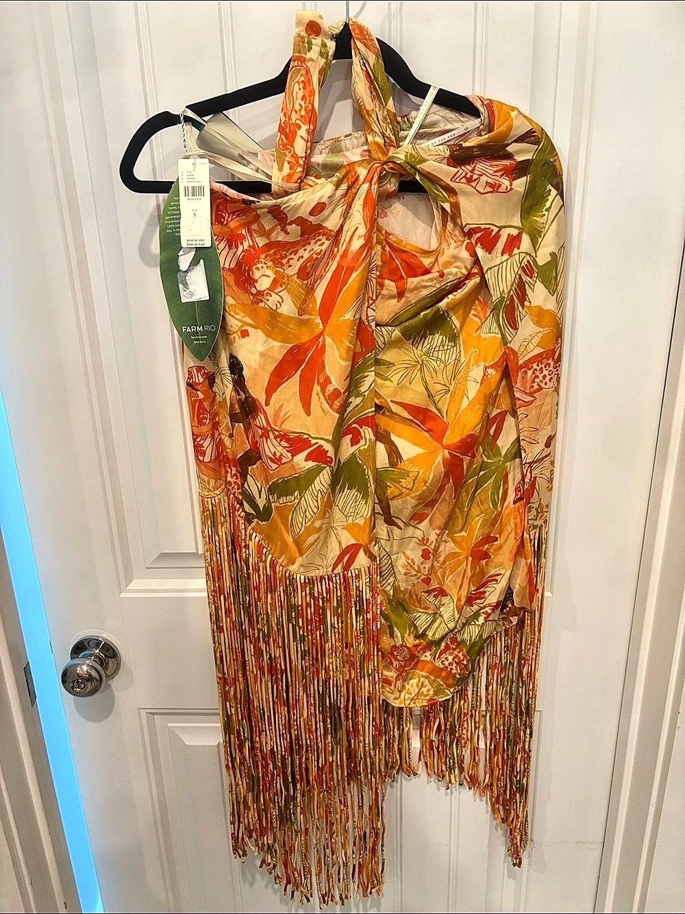 Farm Rio Leopard Forest Sand Halter Neck Fringe Mini Dress Small